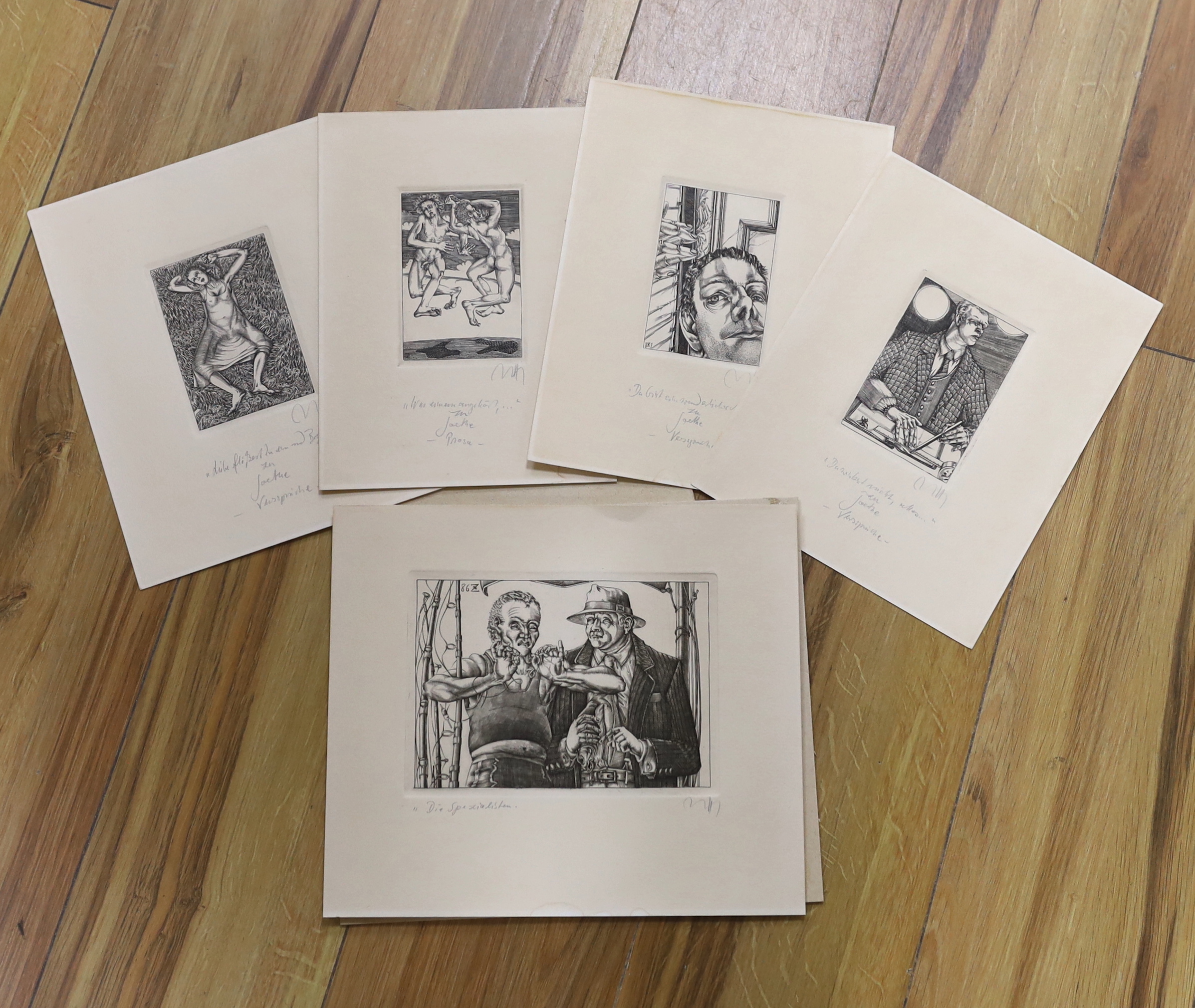 Baldwin Zettl (b.1943), five German Expressionist etchings, each signed and inscribed in pencil including ‘The Specialists’, largest 24 x 27.5cm, unframed